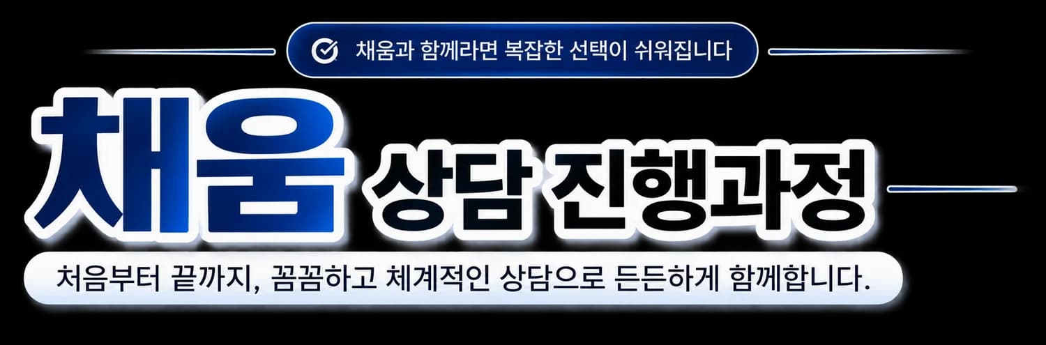 채움과 함께라면 복잡한 선택이 쉬워집니다. 채움 상담 진행과정 — 처음부터 끝까지, 꼼꼼하고 체계적인 상담으로 든든하게 함께합니다.